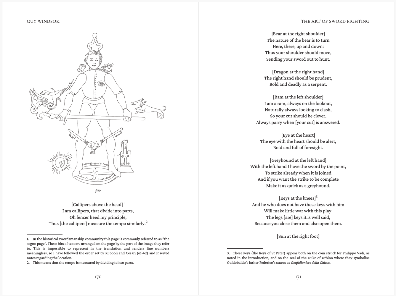 Open book showing a diagram of sword fighting techniques on the left and text on the right. From The Art of Sword Fighting