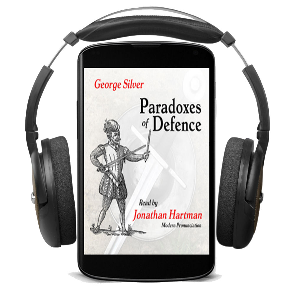 A pair of black over-ear headphones displayed around a smartphone screen showing the audiobook cover for 'Paradoxes of Defence' by George Silver, read by Jonathan Hartman.