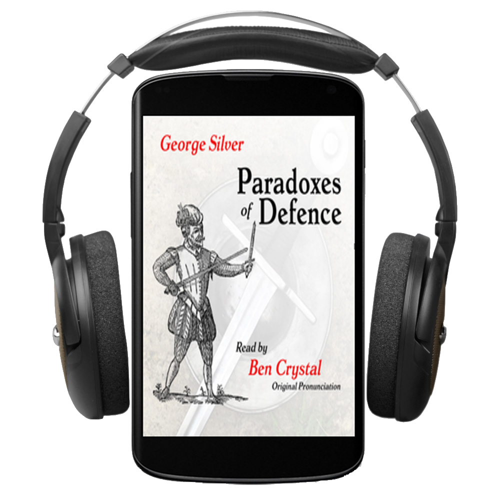 Black over-ear headphones displayed around a smartphone screen showing the audiobook cover for 'Paradoxes of Defence' by George Silver, read by Ben Crystal.