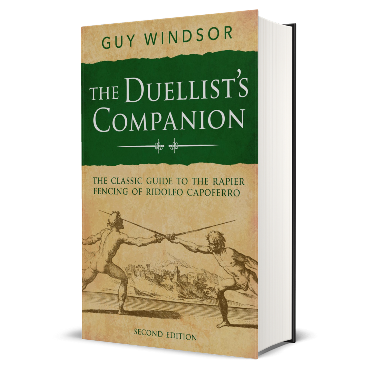 The Duellist's Companion book by Guy Windsor, Second Edition, shown as a 3D mockup on a white background. The cover features a dark green top section with white lettering and a beige lower section with a sepia sketch of two duelists.
