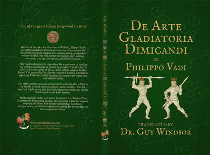 Cover of the Spada Press facsimile of 'De Arte Gladiatoria Dimicandi' by Philippo Vadi with illustrations of sword fighters in armor on a green background.