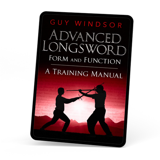 A book cover for 'Advanced Longsword Form and Function: A Training Manual' by Guy Windsor, shown at a slight angle on a white background. The cover features a black background with a red gradient and silhouettes of two sword-fighting figures.