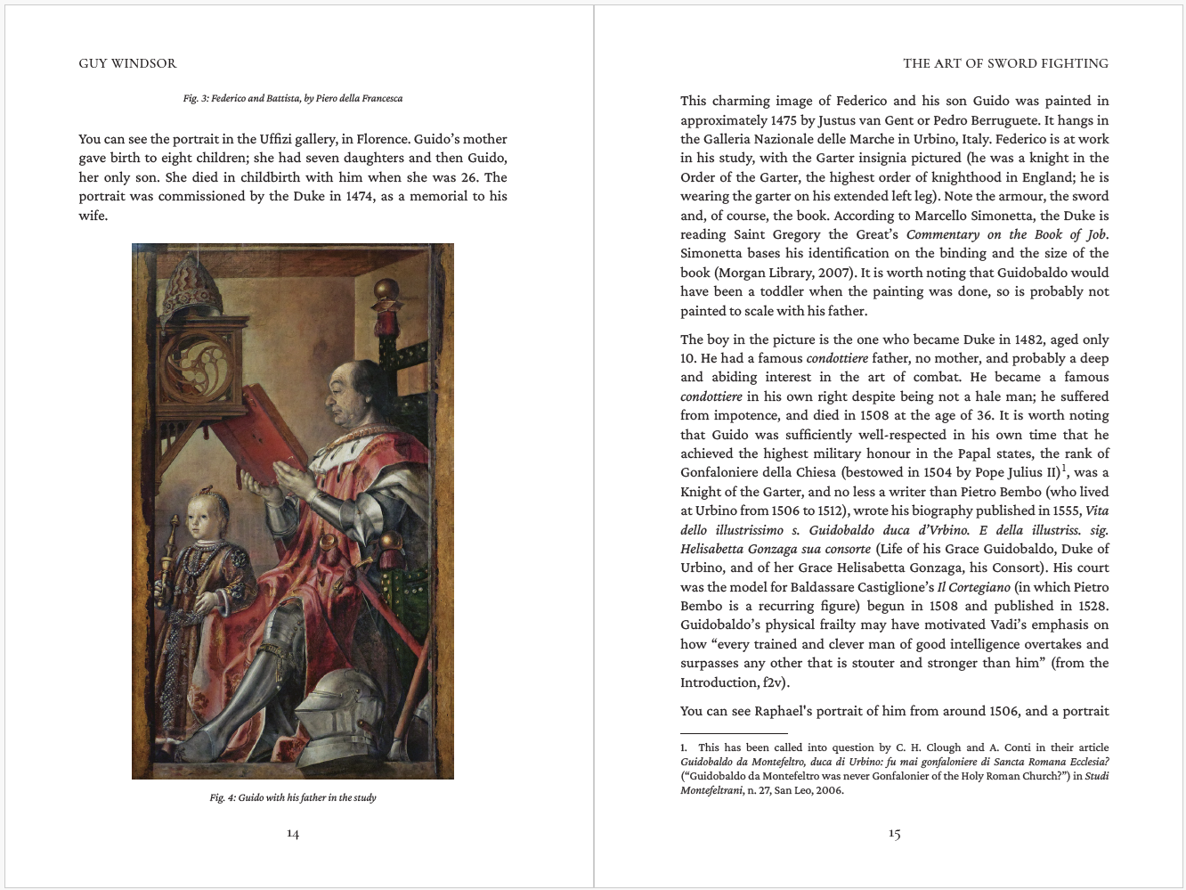 Book page with an illustration of a historical scene and text on a white background, from The Art of Sword Fighting