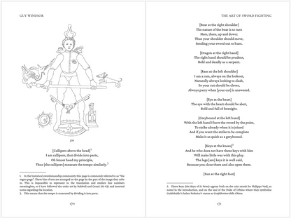 Open book showing a diagram of sword fighting techniques on the left and text on the right. From  The Art of Sword Fighting