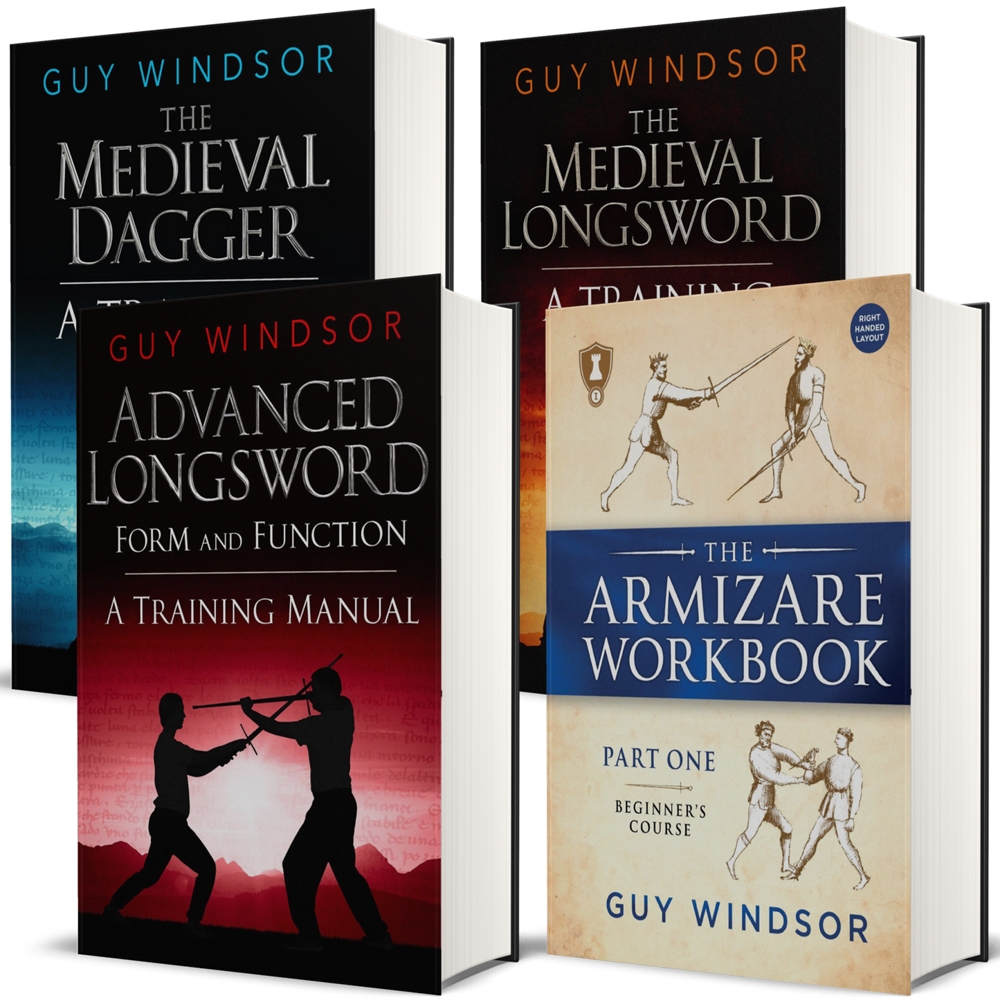 Four book covers for Guy Windsor longsword training books arranged together on a white background: The Medieval Dagger, Advanced Longsword Form and Function, The Armizare Workbook, and a partially visible A Training book.