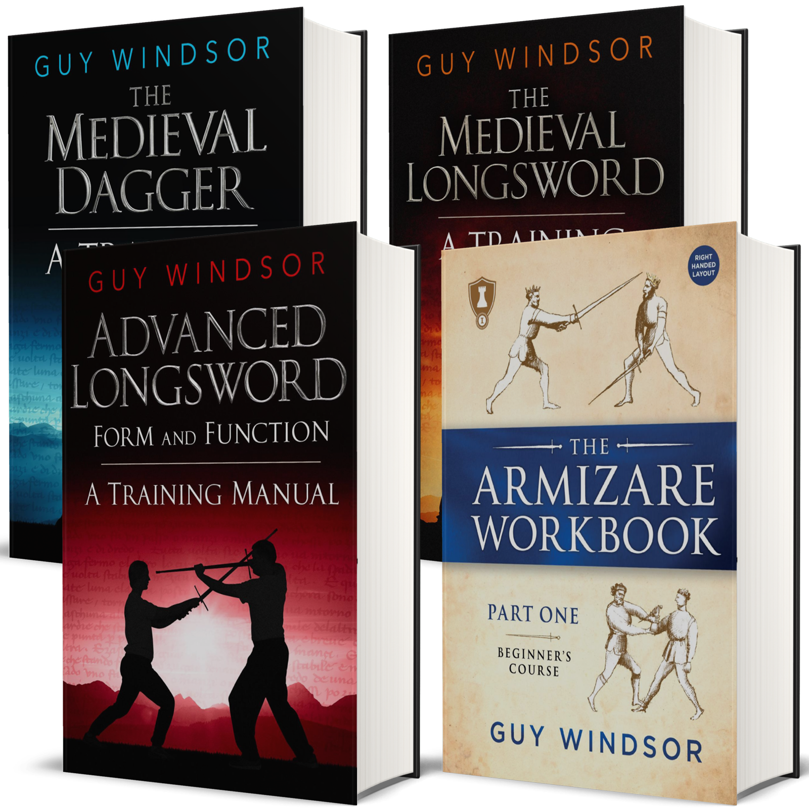 Four book covers for Guy Windsor longsword training books arranged together on a white background: The Medieval Dagger, Advanced Longsword Form and Function, The Armizare Workbook, and a partially visible A Training book.