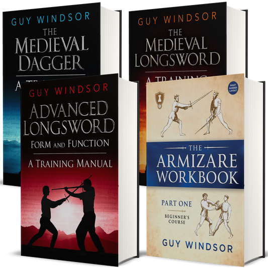 Four book covers for Guy Windsor longsword training books arranged together on a white background: The Medieval Dagger, Advanced Longsword Form and Function, The Armizare Workbook, and a partially visible A Training book.