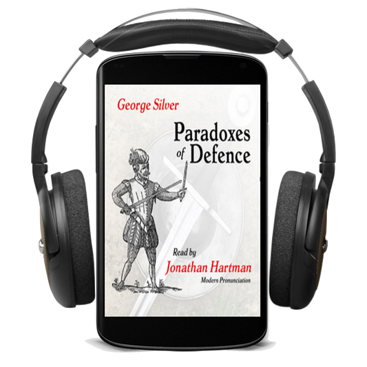 A pair of black over-ear headphones displayed around a smartphone screen showing the audiobook cover for 'Paradoxes of Defence' by George Silver, read by Jonathan Hartman.
