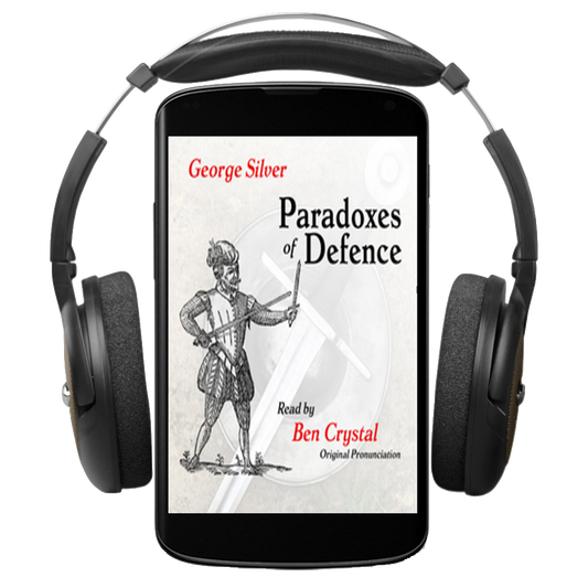 Black over-ear headphones displayed around a smartphone screen showing the audiobook cover for 'Paradoxes of Defence' by George Silver, read by Ben Crystal.