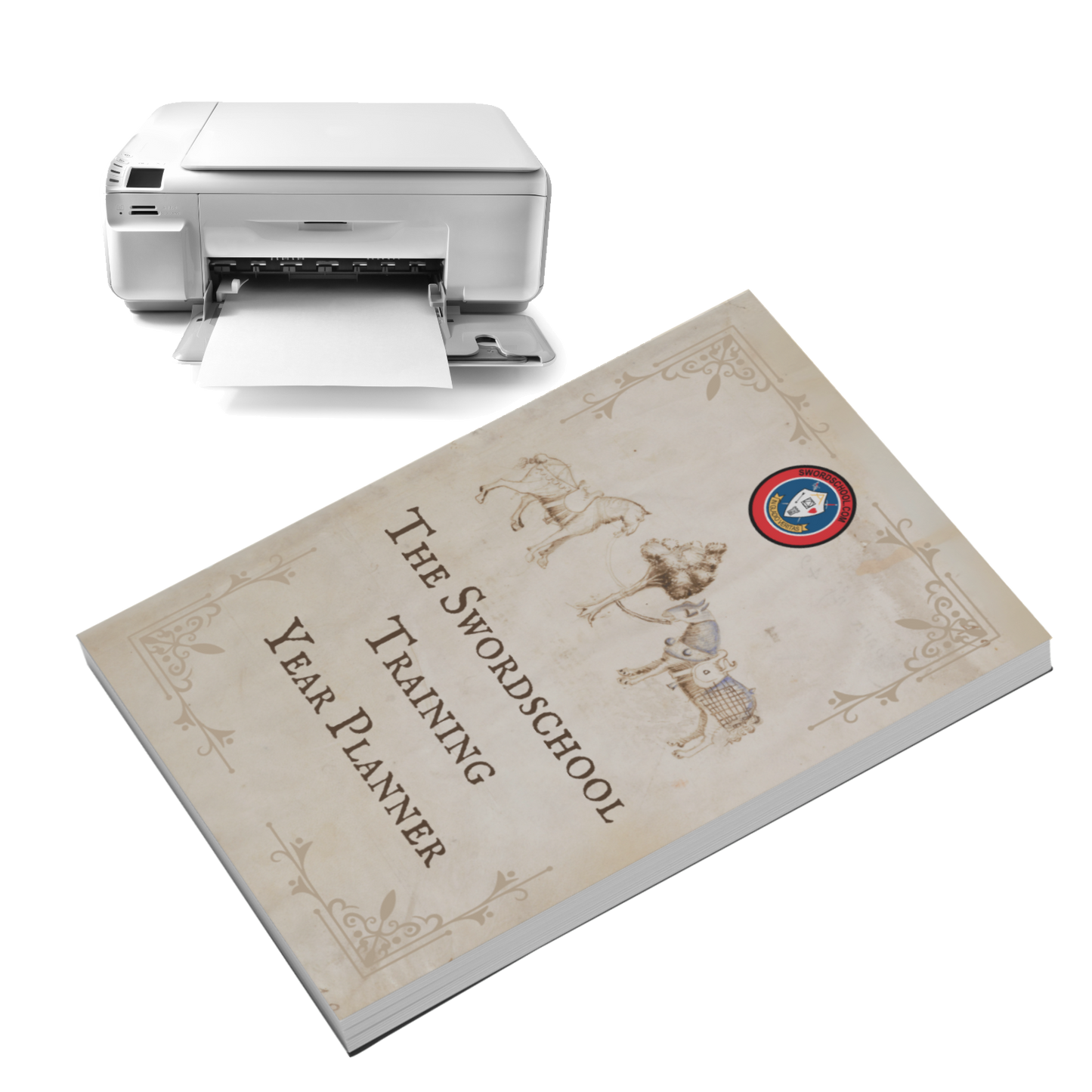 A printed book or planner titled 'The Swordschool Training Year Planner' with illustrated figures and a crest, shown in front of a white printer on a light gray background.