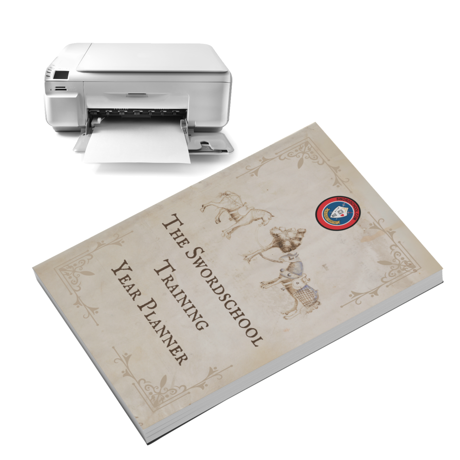 A printed book or planner titled 'The Swordschool Training Year Planner' with illustrated figures and a crest, shown in front of a white printer on a light gray background.