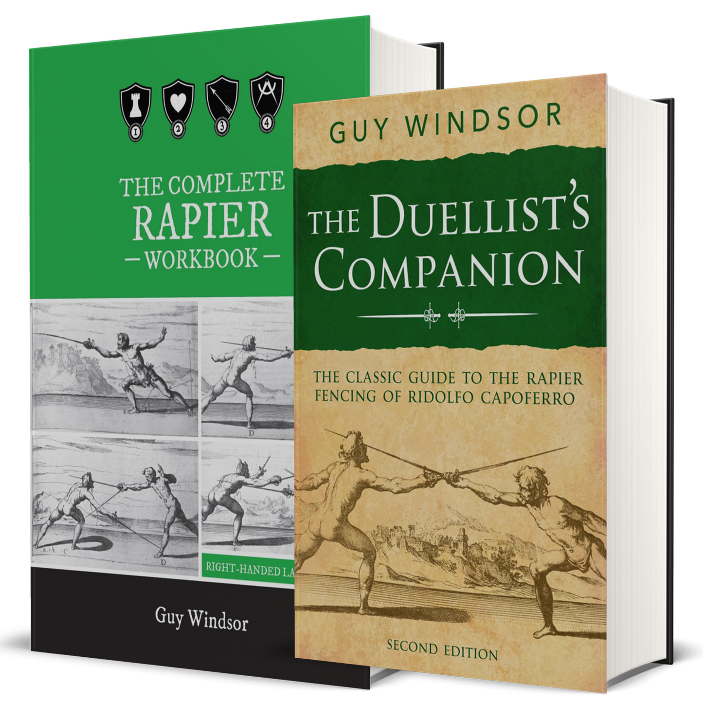 Two book covers shown as a product bundle: 'The Complete Rapier Workbook' by Guy Windsor on the left and 'The Duellist's Companion' by Guy Windsor on the right, both featuring fencing illustrations and a green-and-beige design.