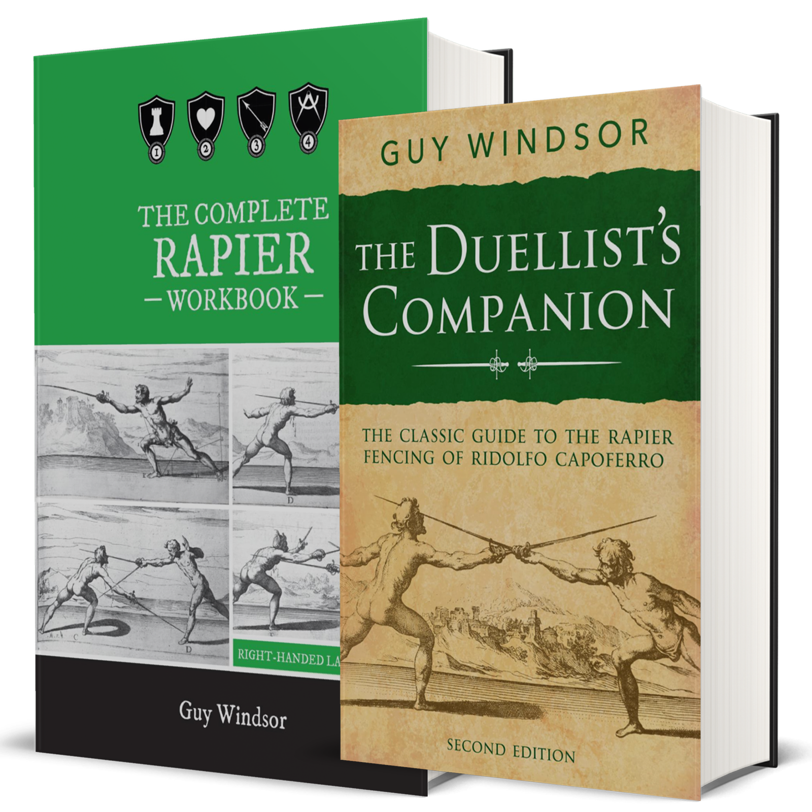 Two book covers shown as a product bundle: 'The Complete Rapier Workbook' by Guy Windsor on the left and 'The Duellist's Companion' by Guy Windsor on the right, both featuring fencing illustrations and a green-and-beige design.