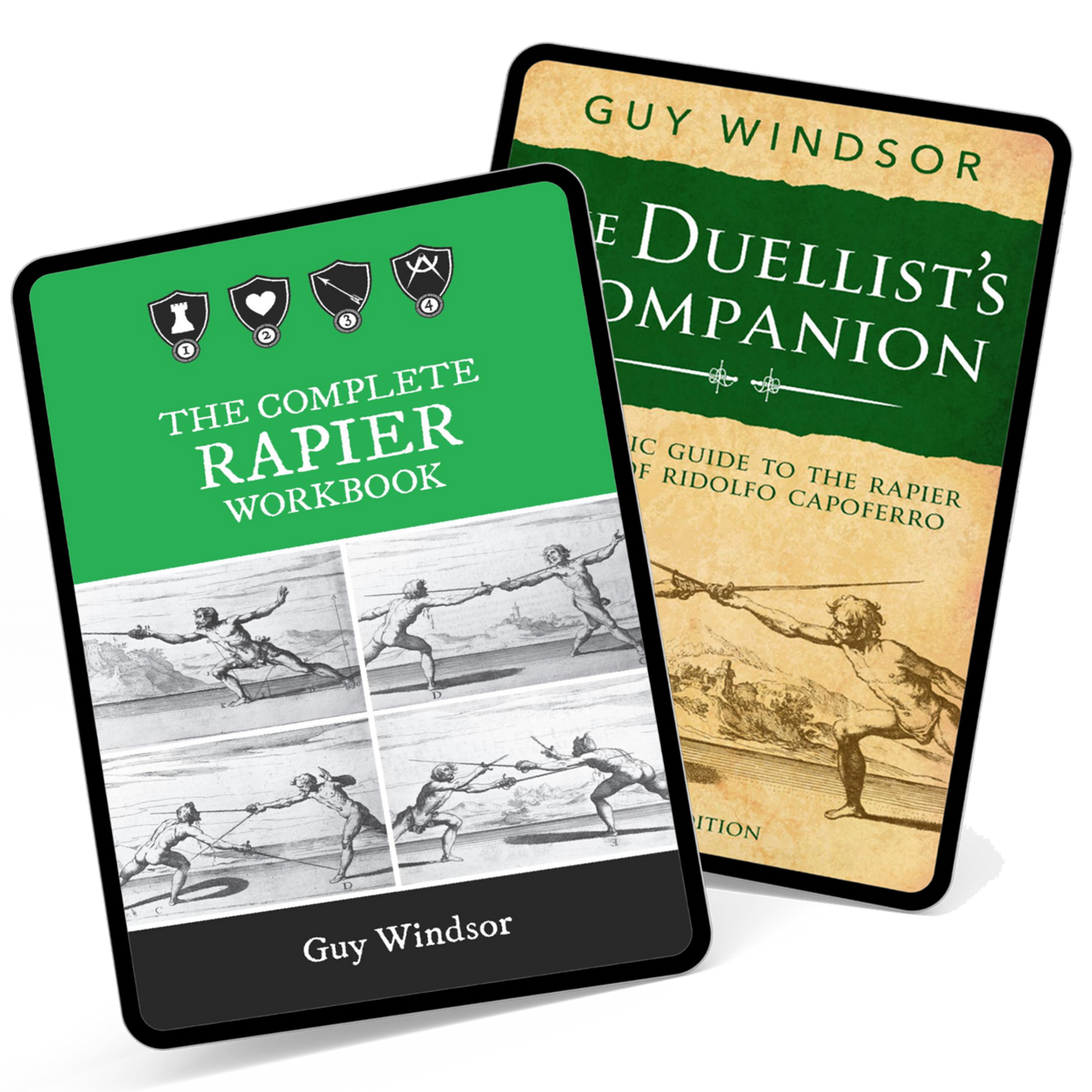 Two book covers for a rapiers-themed workbook and companion guide, shown overlapping on a light gray background. The front cover reads "The Complete Rapper Workbook" with a green top section, black border, and black-and-white action illustrations.