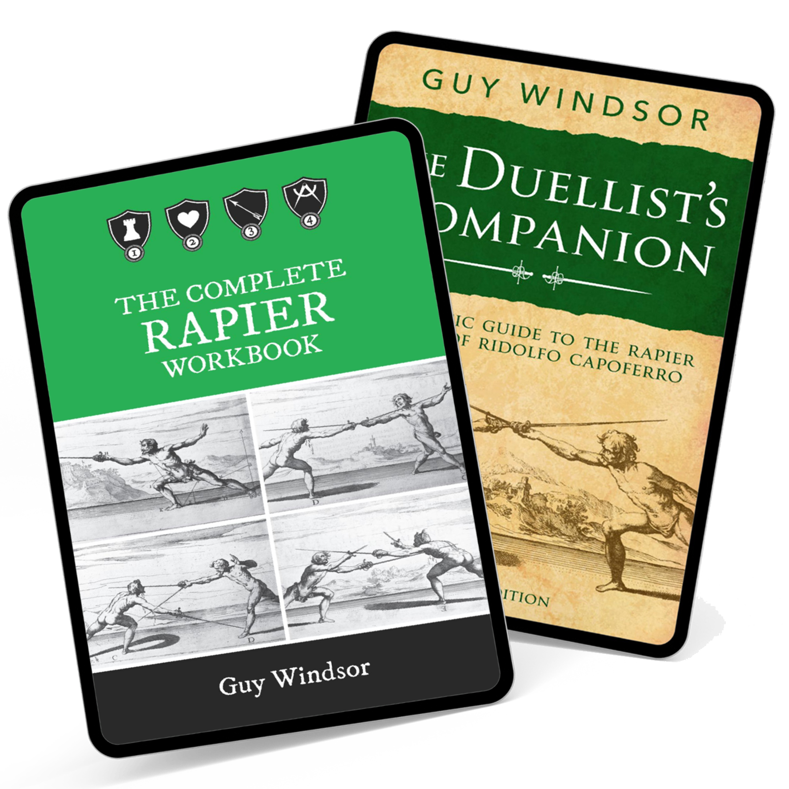 Two book covers for a rapiers-themed workbook and companion guide, shown overlapping on a light gray background. The front cover reads "The Complete Rapper Workbook" with a green top section, black border, and black-and-white action illustrations.