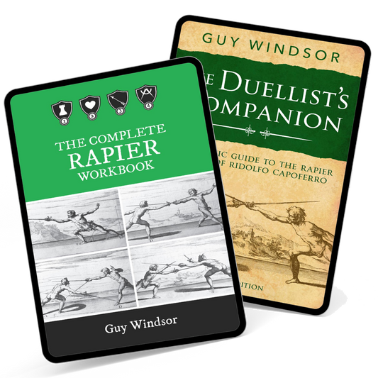 Two book covers for a rapiers-themed workbook and companion guide, shown overlapping on a light gray background. The front cover reads "The Complete Rapper Workbook" with a green top section, black border, and black-and-white action illustrations.
