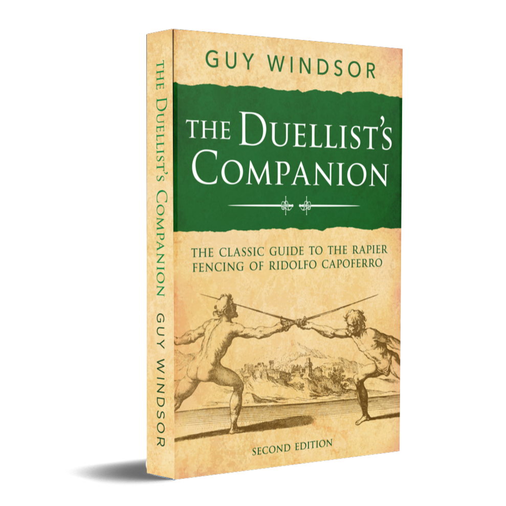 The front and spine of the book 'The Duellist's Companion' by Guy Windsor, Second Edition, shown on a clean white background. The cover features a textured beige background with a prominent dark green banner at the top containing the title in white serif text, and an illustration of two historical duellists below.