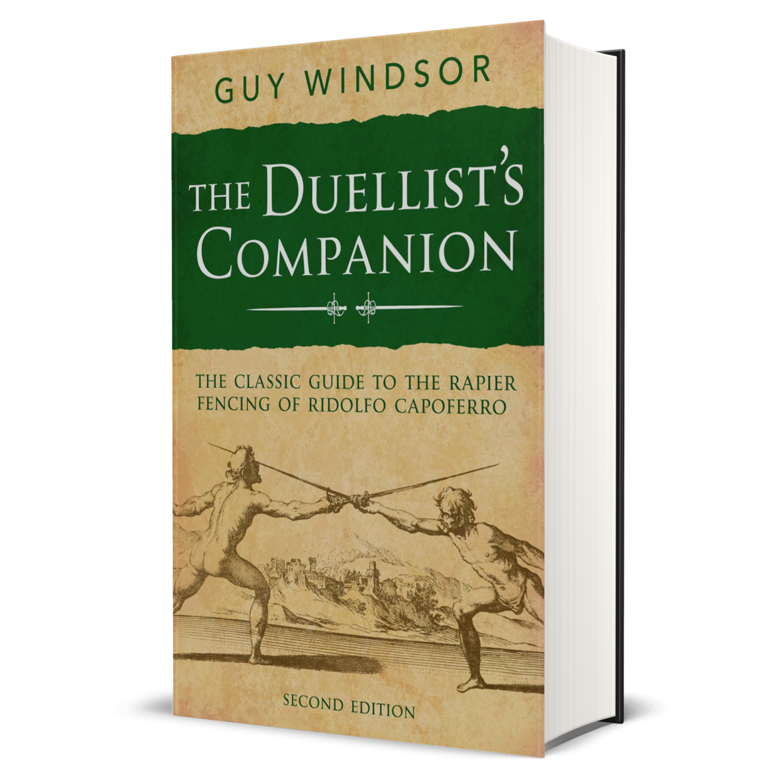 The Duellist's Companion book by Guy Windsor, Second Edition, shown as a 3D mockup on a white background. The cover features a dark green top section with white lettering and a beige lower section with a sepia sketch of two duelists.