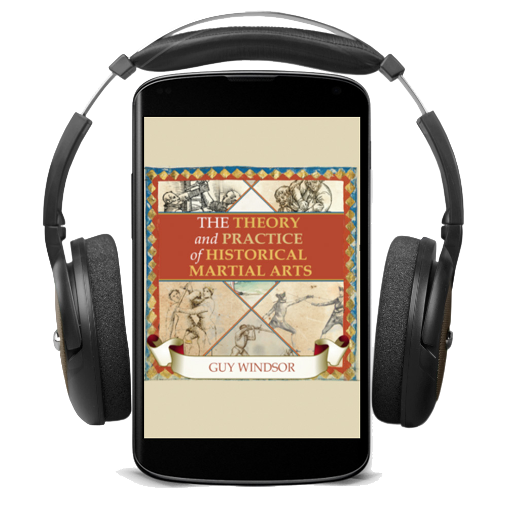 Black over-ear headphones displayed around a smartphone screen showing the book cover of 'The Theory and Practice of Historical Martial Arts' by Guy Windsor, on a white background.