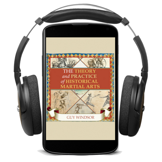 Black over-ear headphones displayed around a smartphone screen showing the book cover of 'The Theory and Practice of Historical Martial Arts' by Guy Windsor, on a white background.