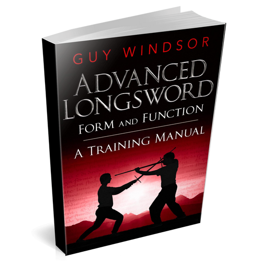 A 3D book mockup of 'Advanced Longsword: Form and Function A Training Manual' by Guy Windsor, showing the front cover with a black and red design and silhouettes of sword practitioners.